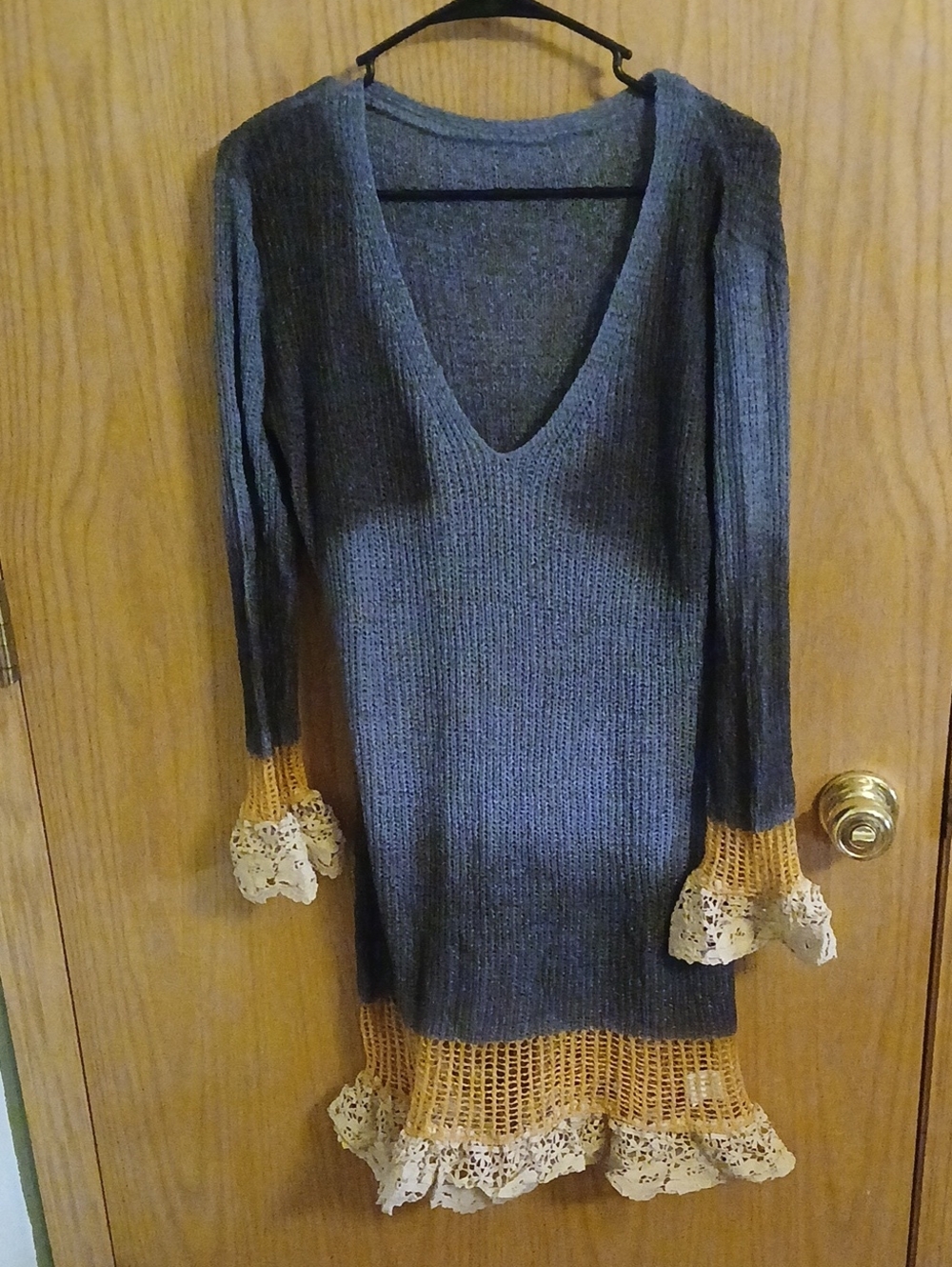 Gray Knit V-Neck Dress with Mustard Crochet & Lace Trim
